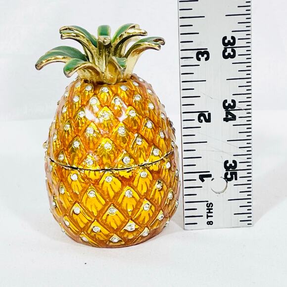 Pineapple Shaped Ceramic Hinged Trinket Box Porcelain Crystals Gold Yellow Green - Picture 5 of 6